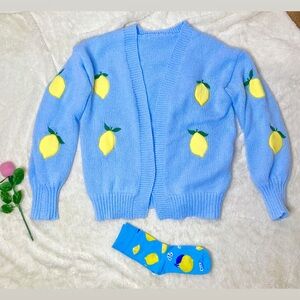 🎀🩵🍋 Whimsical Blue Lemon Embroidery Open Cardigan Sweater & Matching Socks 🍋🩵🎀